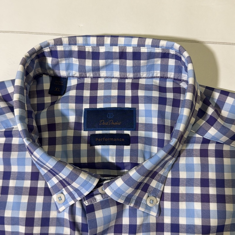 David Donahue mens XL blue check performance nylon oxford button up shirt EUC - Picture 2 of 5